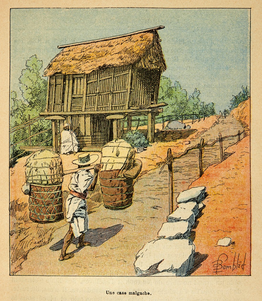 La Guerre à Madagascar - Histoire anecdotique des expéditions françaises de 1885-1895 par Henri Galli dit Gallichet (1854-1922), illustrée par Louis Bombled (1862-1927) : Une case malgache au 19ème siècle, Collection privée - Louis Charles Bombled