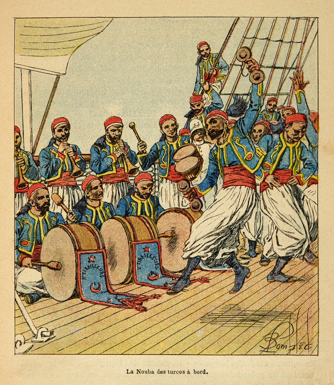 La Guerre à Madagascar : La nouba des turcos à bord du navire en route pour Madagascar - Louis Charles Bombled