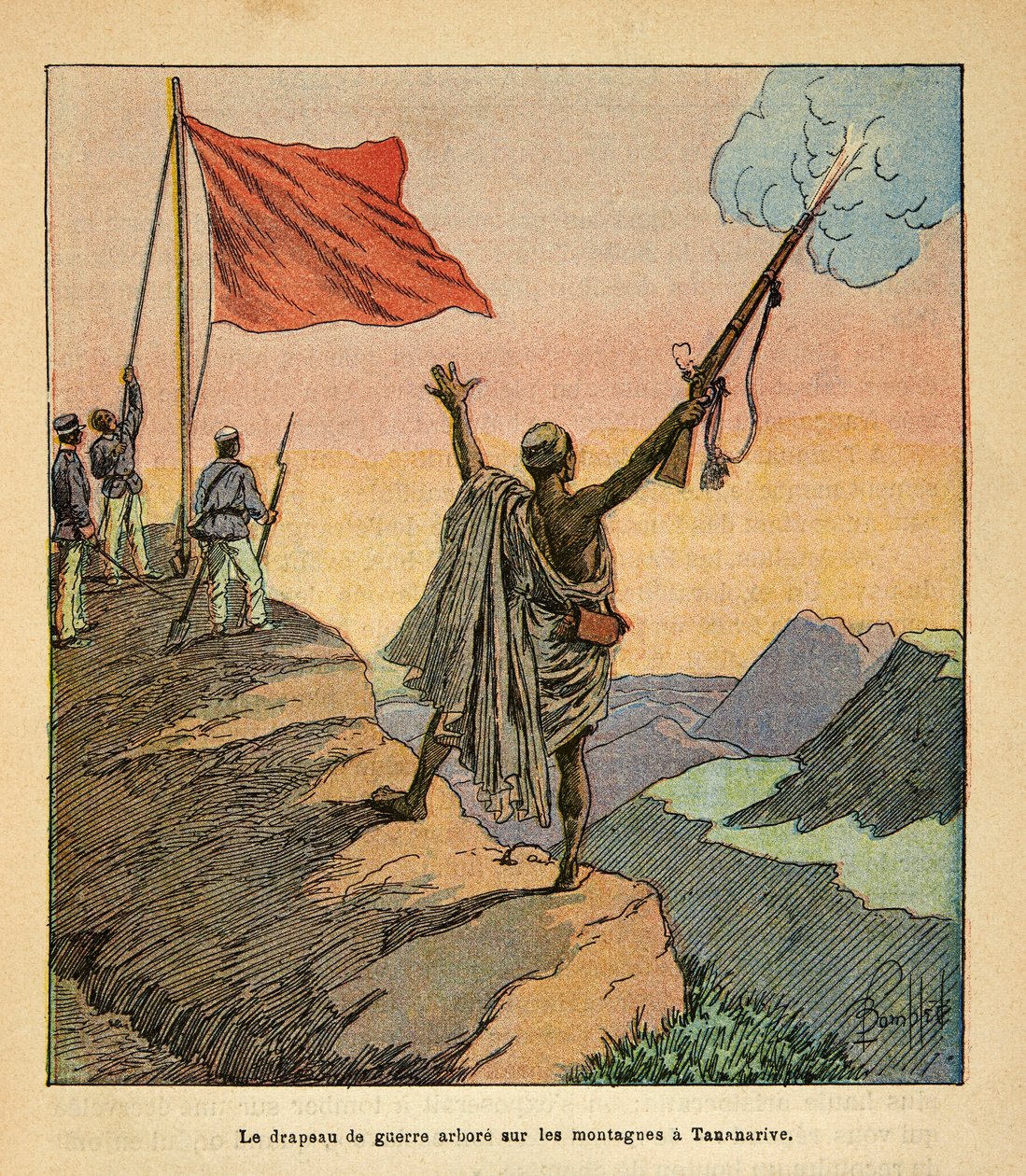 La Guerre à Madagascar : Le drapeau rouge malgache planté sur les montagnes de Tananarive - Louis Charles Bombled