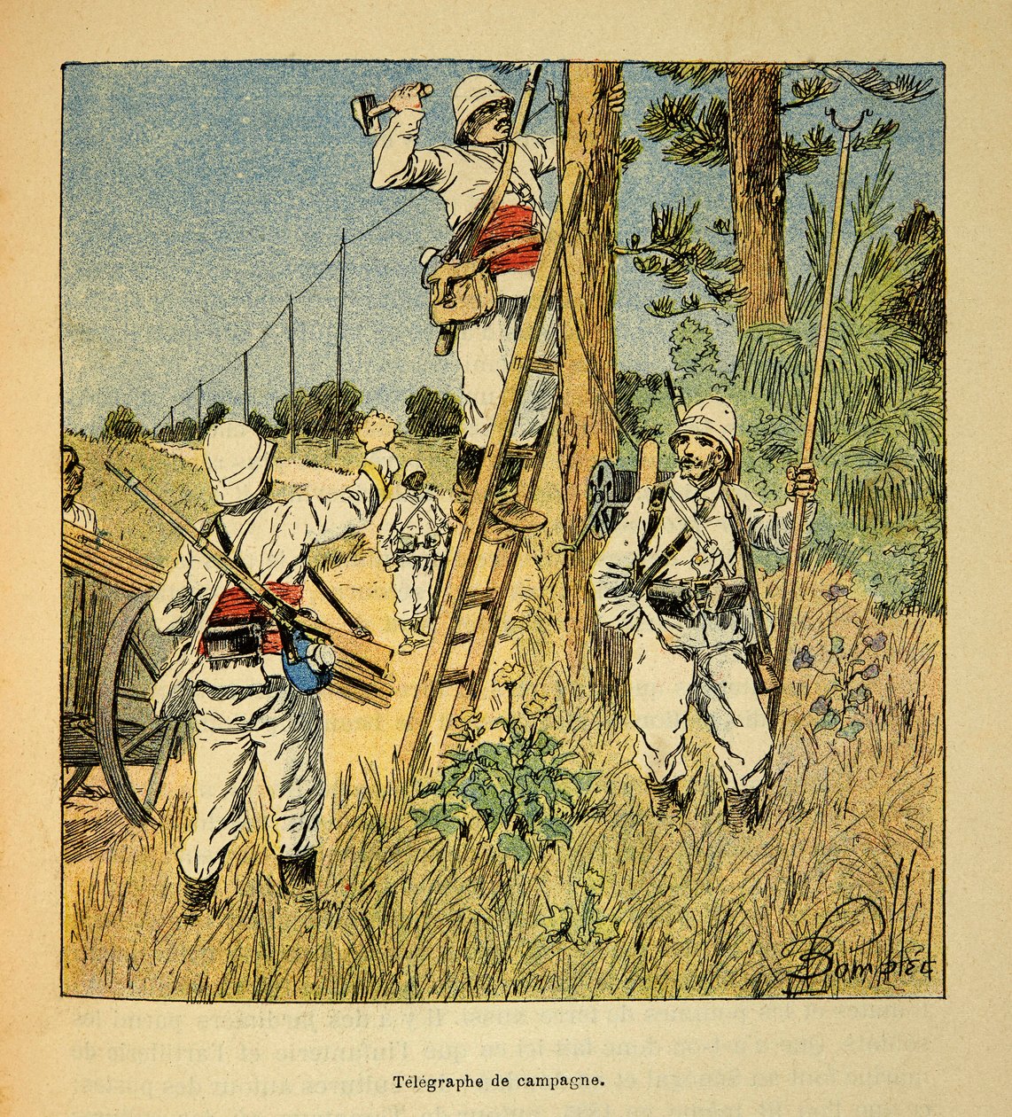 La Guerre à Madagascar - Histoire anecdotique des expéditions françaises de 1885-1895 par Henri Galli dit Galllichet, illustrée par Louis Bombled : Mise en place du télégraphe de campagne par les militaires à Madagascar en 1895 - Louis Charles Bombled