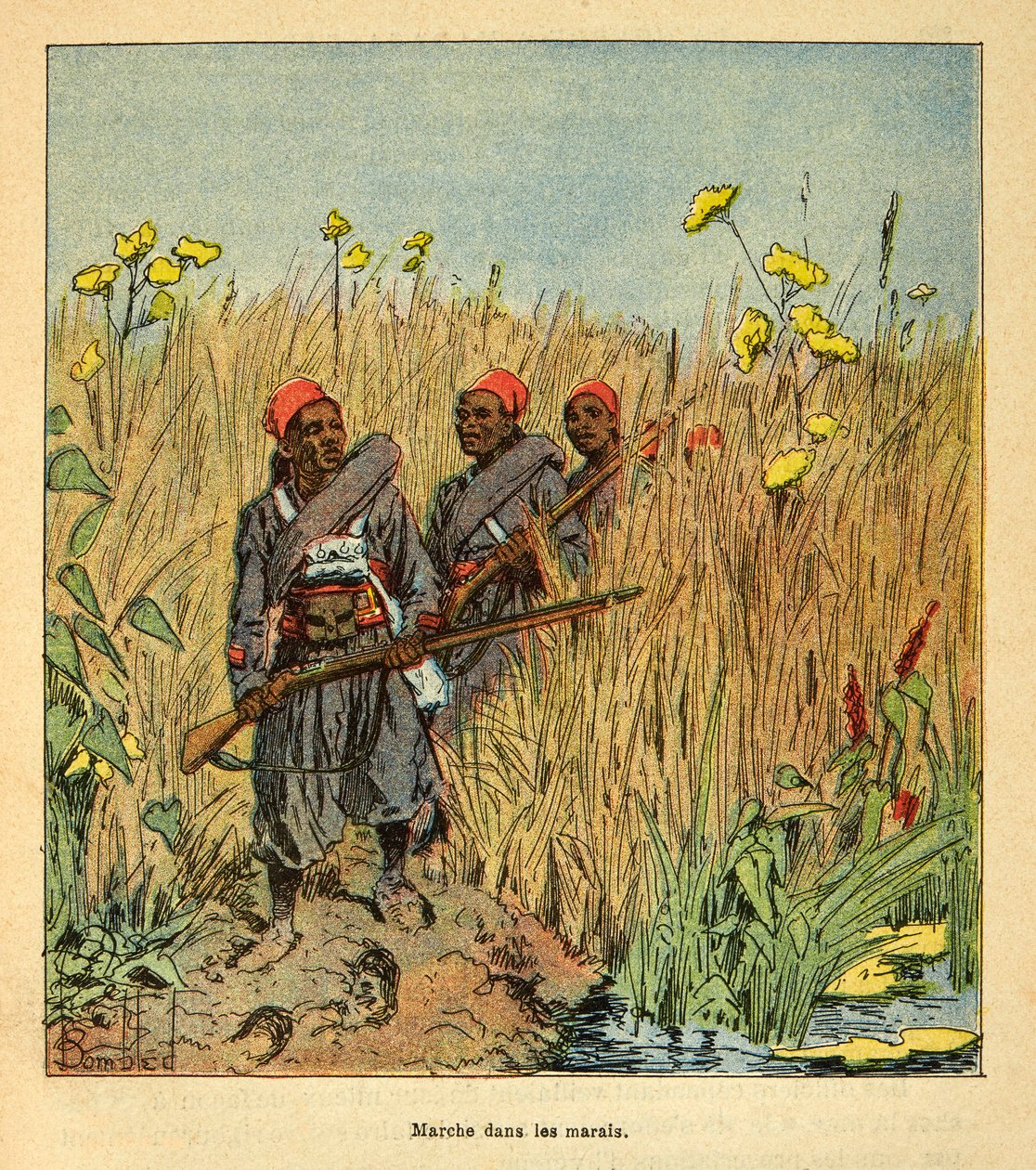 La guerre à Madagascar - Histoire anecdotique des expéditions françaises de 1885-1895 par Henri Galli dit Galllichet (1854-1922), illustrée par Louis Bombled (1862-1927) : Troupes françaises en expédition dans les marais à Madagascar en 1895, Collection pr - Louis Charles Bombled