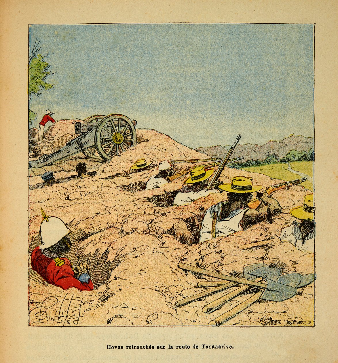 La Guerre à Madagascar - Histoire anecdotique des expéditions françaises de 1885-1895 par Henri Galli dit Gallichet (1854-1922), illustrée par Louis Bombled (1862-1927) : Troupes Hovas retranchées sur la route de Tannarive en 1895, Collection privée - Louis Charles Bombled
