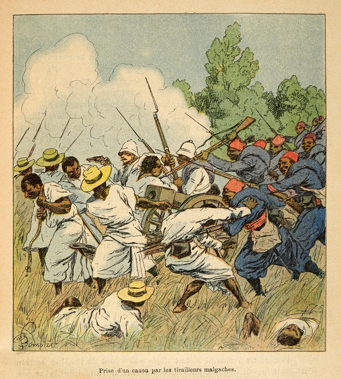 La Guerre à Madagascar - Histoire anecdotique des expéditions françaises de 1885-1895 par Henri Galli dit Galllichet, illustrée par Louis Bombled : Les Malgaches saisissent un canon lors des batailles d
