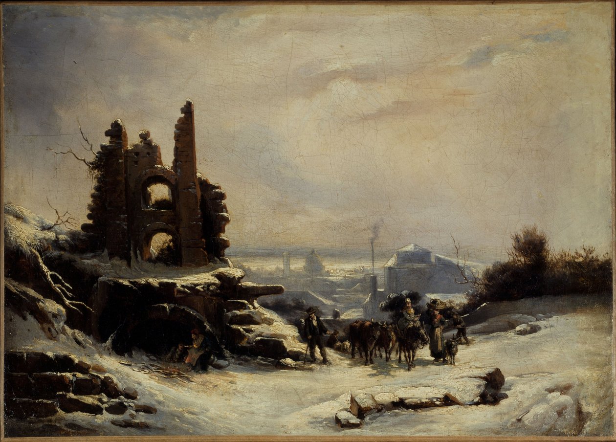Le retour du marché (effet de neige sur Paris), vers 1830 (huile sur toile) - Louis Claude Mallebranche