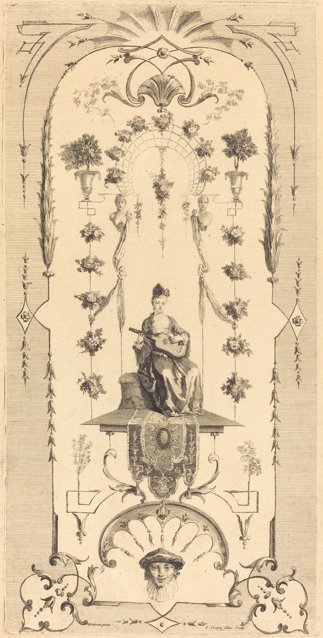 Femme assise jouant de la guitare - Louis Crépy after Antoine Watteau