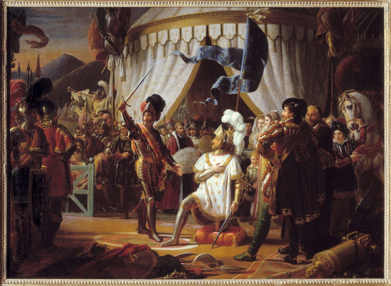 François Ier de France demandant à être adoubé par le chevalier Bayard après la victoire à la bataille de Marignan, Italie, 1515 - Louis Ducis