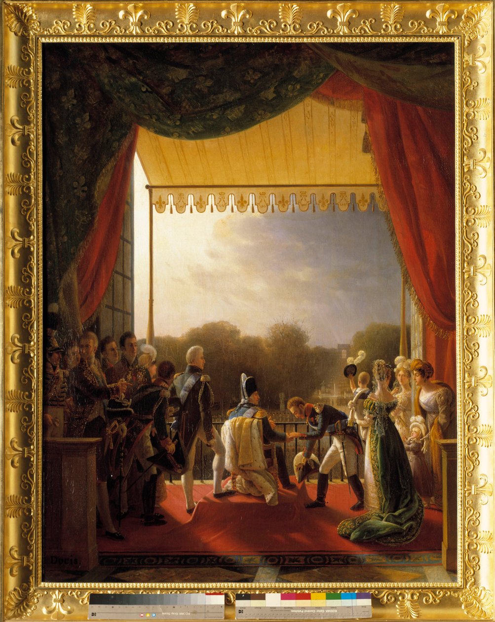 Louis XVIII, entouré des membres de la famille royale, assiste au balcon des Tuileries, au retour de l