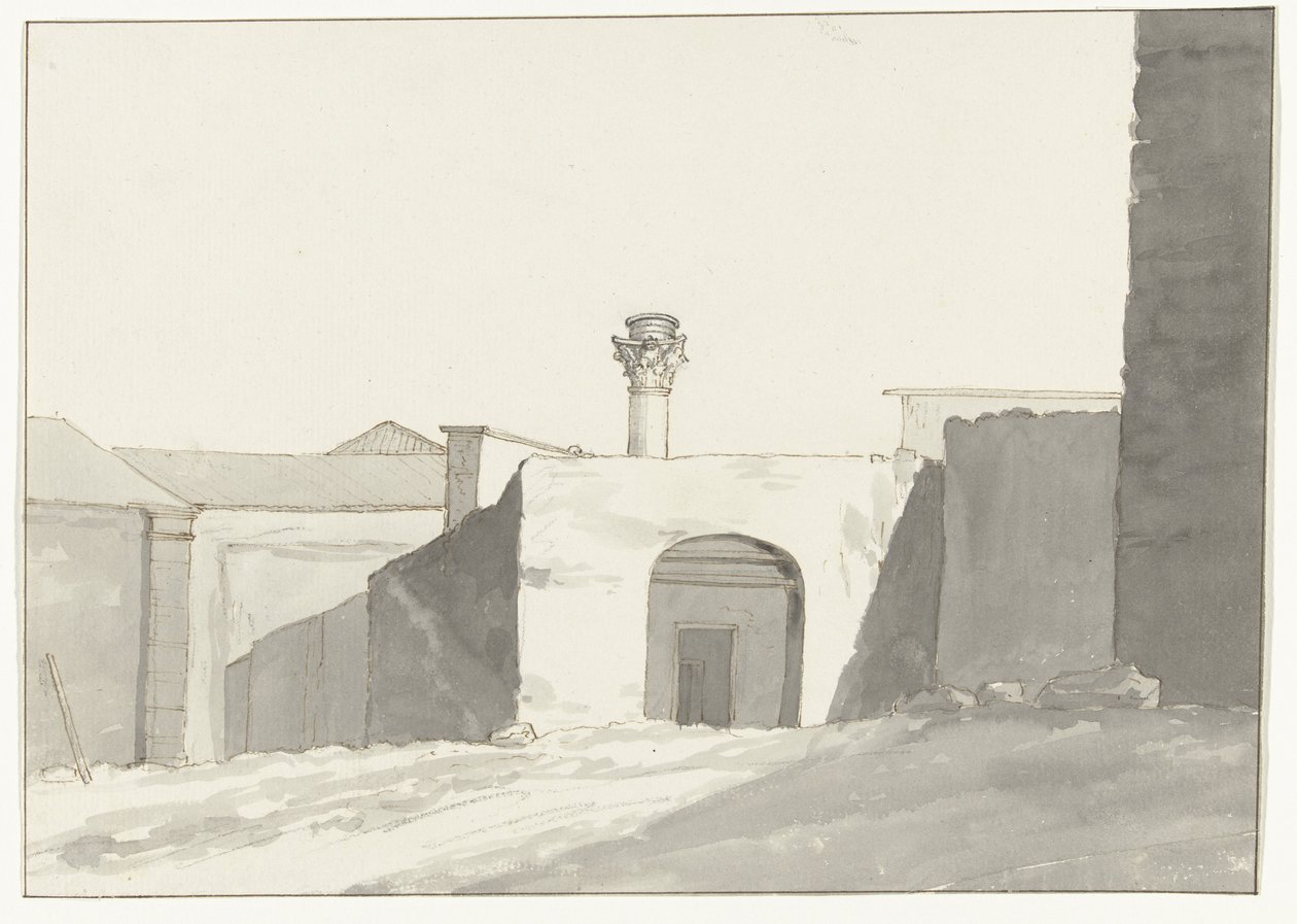 Colonne antique et bâtiments dans le port de Brindisi - Louis Ducros