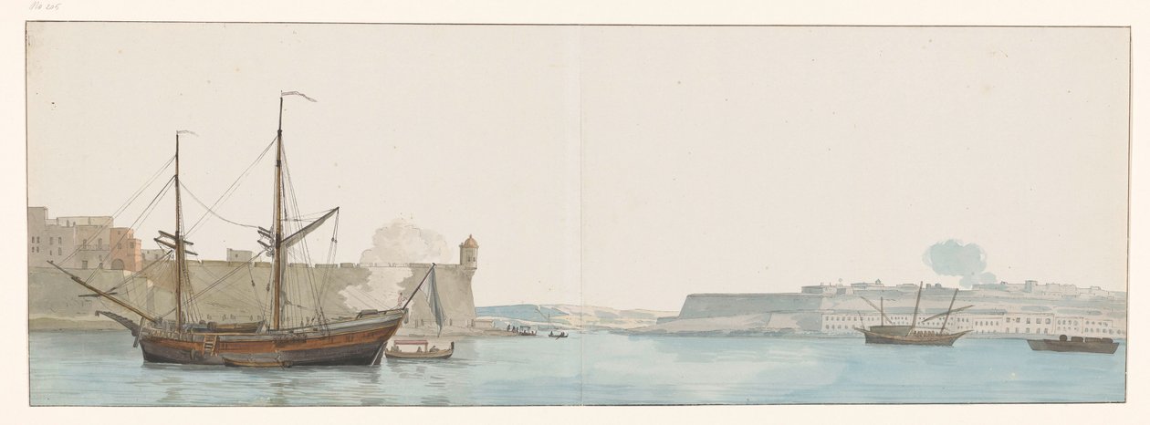 Vue sous le château St. Ange dans le port des galères à Malte (Voyage en Italie, en Sicile et à Malte - 1778) - Louis Ducros