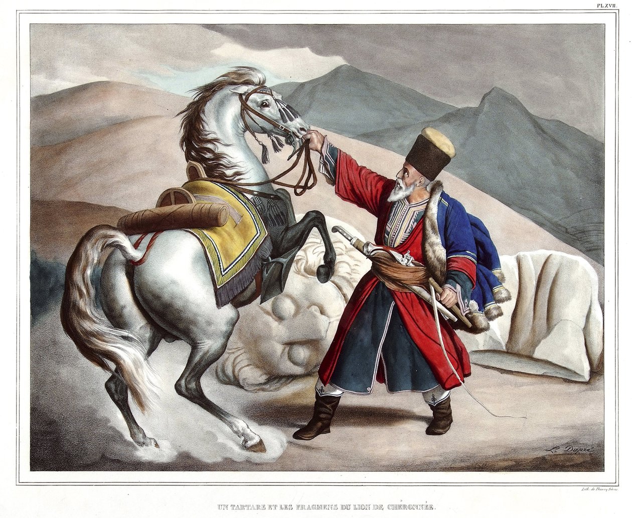 Un tartare et des fragments du lion de Chéronée. dans "Voyage à Athènes et Constantinople, ou collection de portraits grecs et ottomans, vues et costumes, peints sur place ou d