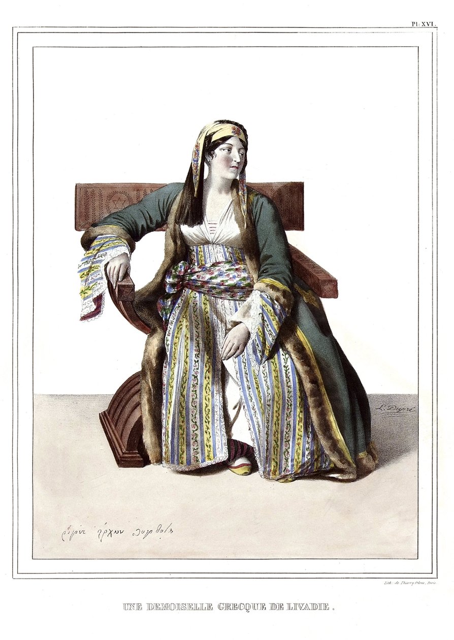Une dame grecque de Livadie, dans « Voyage à Athènes et Constantinople, ou collection de portraits, vues et costumes grecs et ottomans, peints sur place d