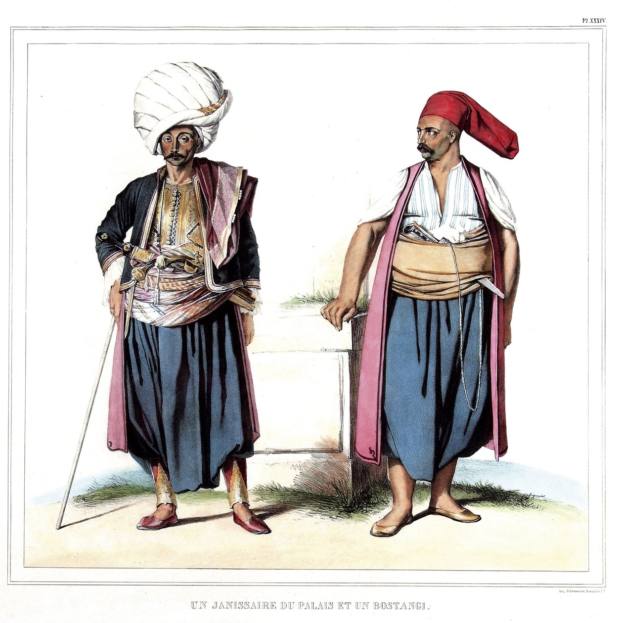 Un janissaire du palais et un bostangi (jardinier du sérail). dans « Voyage à Athènes et Constantinople, ou collection de portraits grecs et ottomans, vues et costumes, peints sur place d