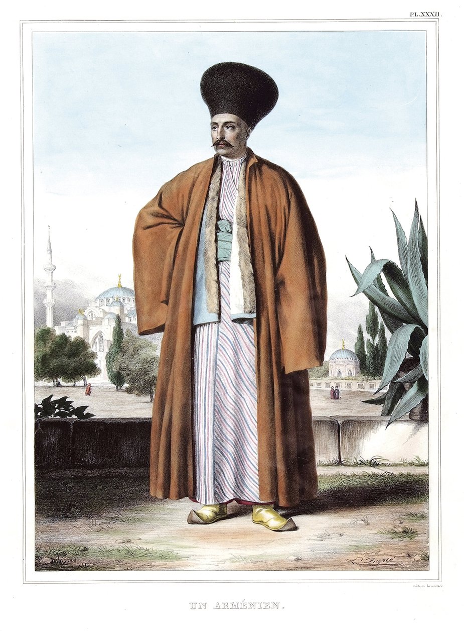 Un Arménien. dans « Voyage à Athènes et Constantinople, ou collection de portraits, vues et costumes grecs et ottomans, peints sur les lieux de nature, lithographiés et coloriés par Louis Dupré (1789-1837), élève de David.1825. - Louis Dupré