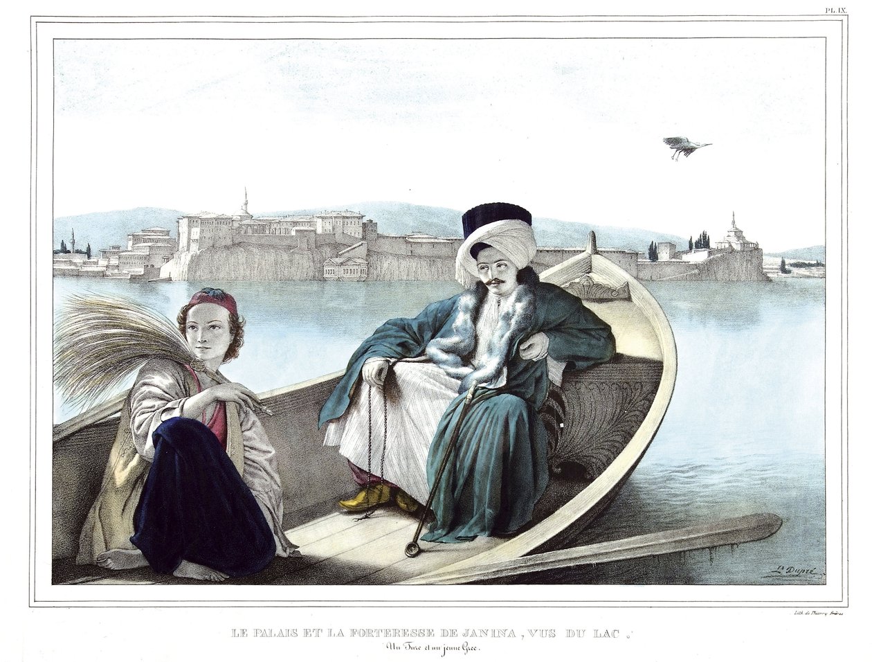 Le palais et la forteresse de Janina, vus du lac. Un Turc et un jeune Grec. dans « Voyage à Athènes et Constantinople, ou collection de portraits grecs et ottomans, vues et costumes, peints sur place d