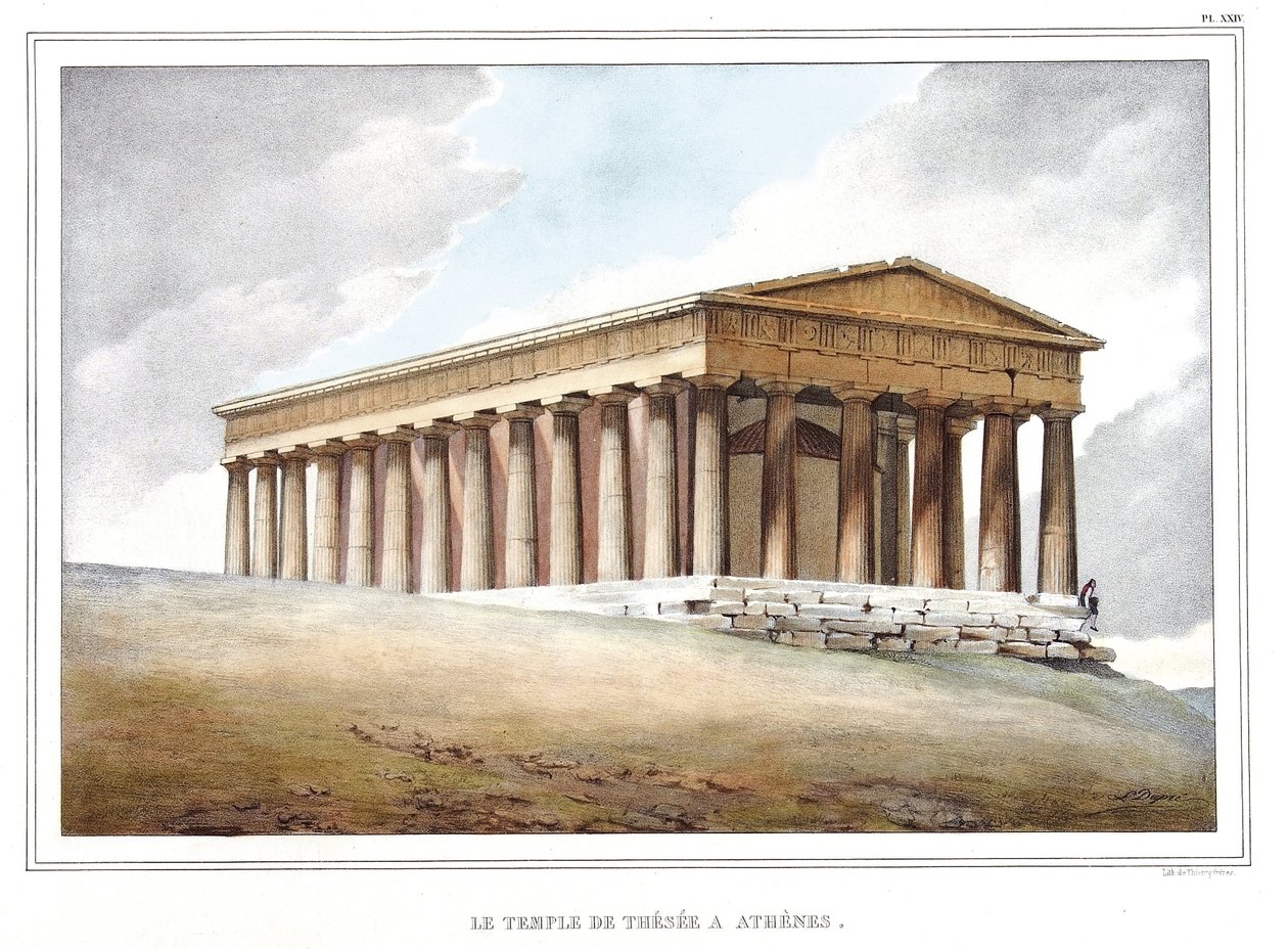 Le temple de Thésée à Athènes. dans « Voyage à Athènes et Constantinople, ou collection de portraits, vues et costumes grecs et ottomans, peints sur les lieux de nature, lithographiés et coloriés par Louis Dupré (1789-1837), élève de David.1825. - Louis Dupré