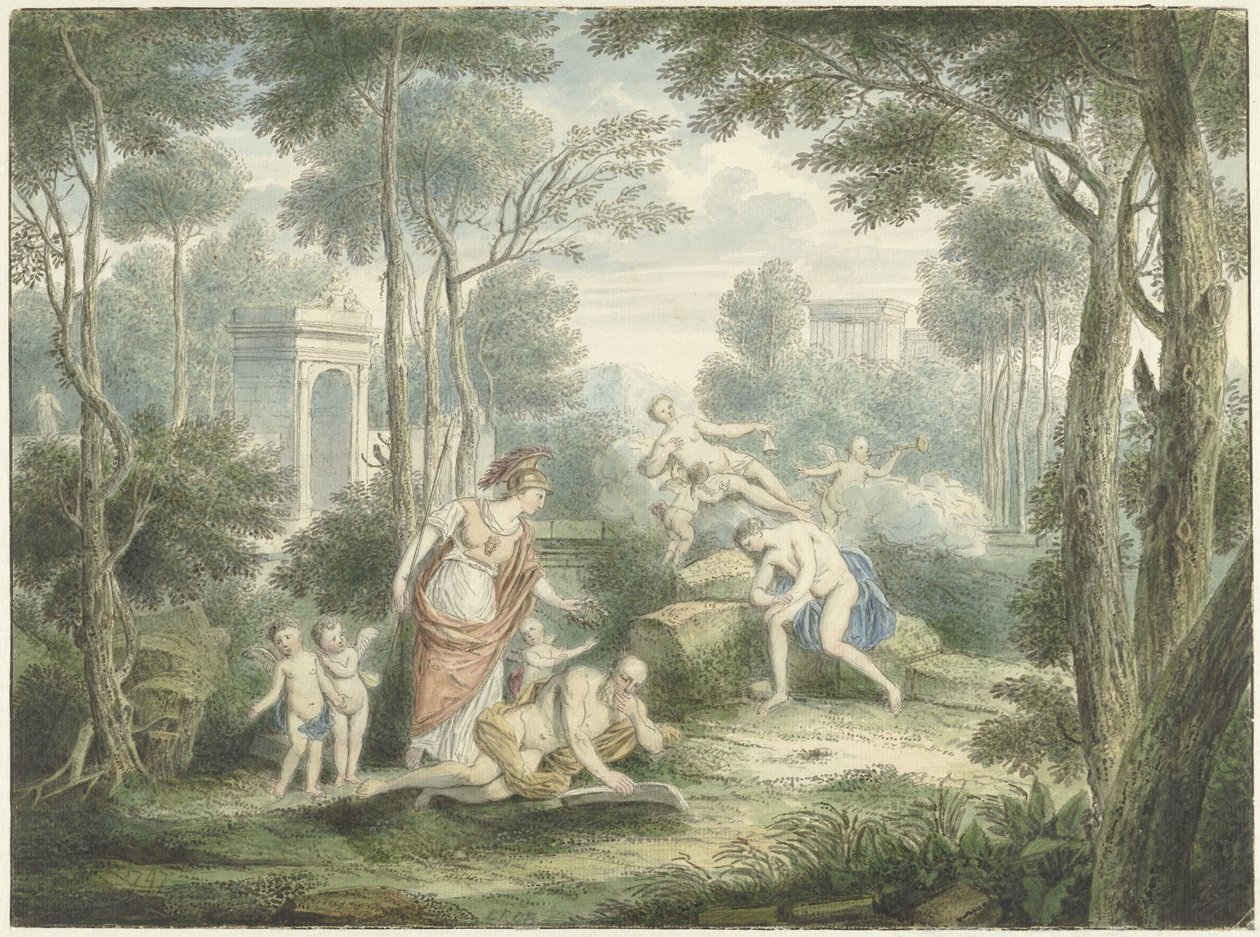 Paysage arcadien avec Athéna couronnant un vieil homme et Vénus et Adonis - Louis Fabritius Dubourg