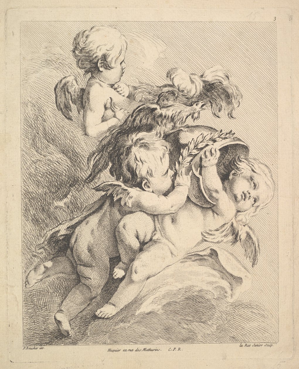 Trois Cupidons tenant un casque - Louis Felix de la Rue