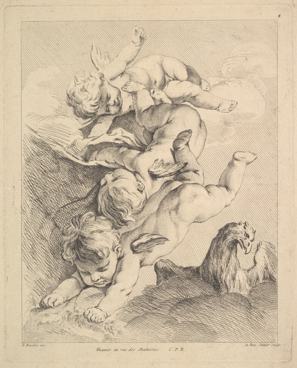 Trois cupidons faisant une culbute, un aigle à droite - Louis Felix de la Rue