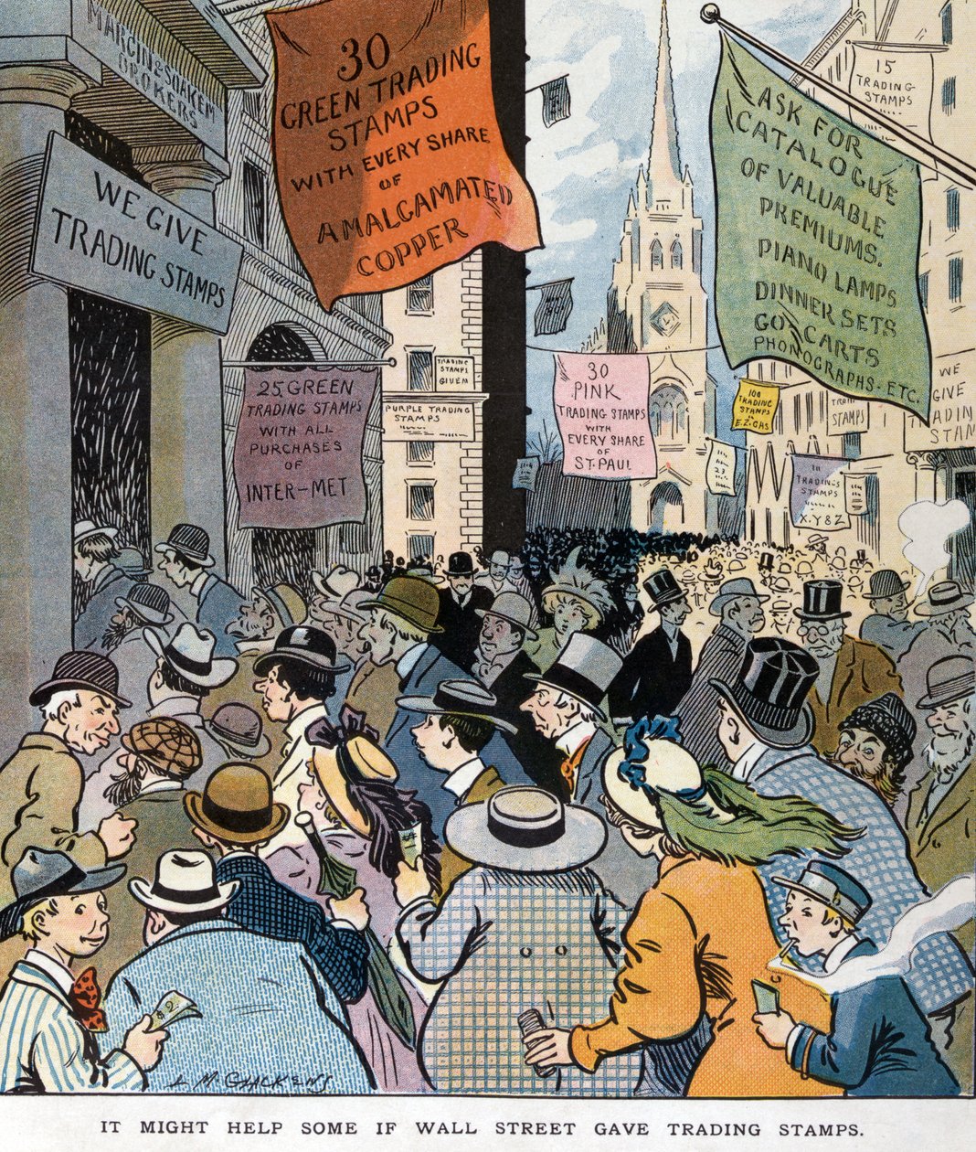 Cela pourrait aider certains si Wall Street donnait des timbres de négociation par Louis Glackens 1866-1933, artiste. Publié en 1907. - Louis Glackens