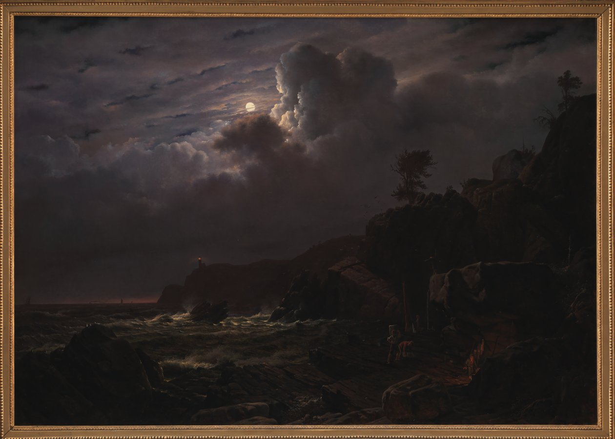 Vue de Kullen en Suède. Contrebandiers cachant leurs marchandises parmi les rochers. Clair de lune - Louis Gurlitt