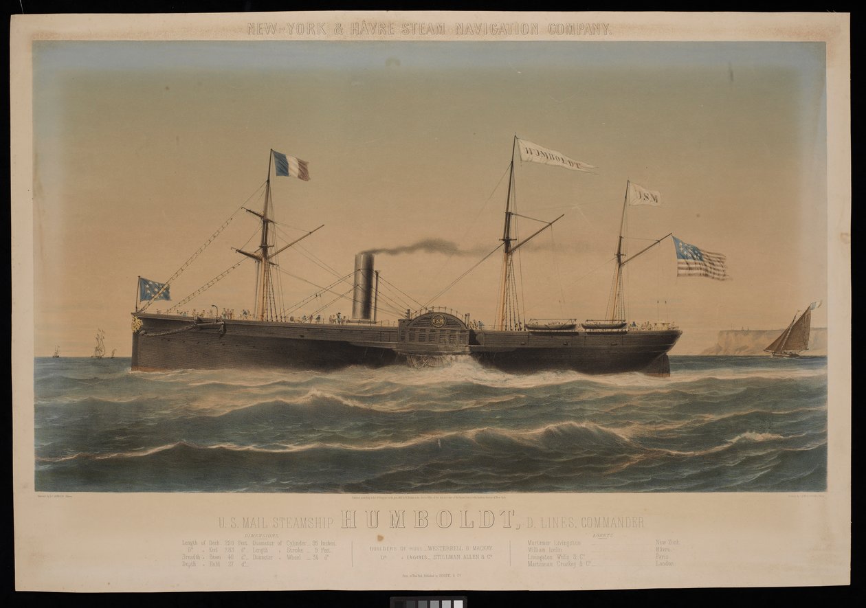 Compagnie de navigation à vapeur de New York & Havre U.S. Mail Steamship Humboldt, D Lines, Commander - Louis Honore Gamain