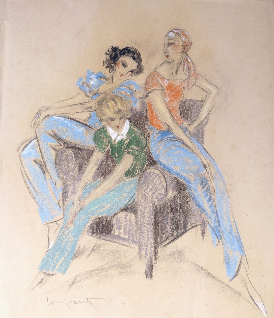 Trois filles assises sur un fauteuil - Louis Icart