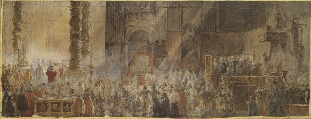 Le roi Gustave III de Suede assiste a la messe de Noel dans la basilique Saint Pierre du Vatican, en 1783 - Louis Jean Desprez