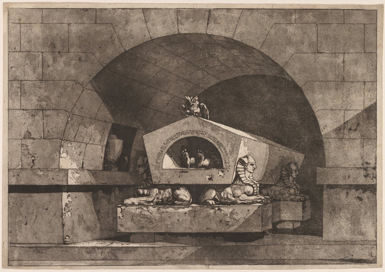 Tombe avec Sphinx : Monument funéraire avec une chouette sur un sarcophage soutenu par un Sphinx, vers 1779-84 - Louis Jean Desprez