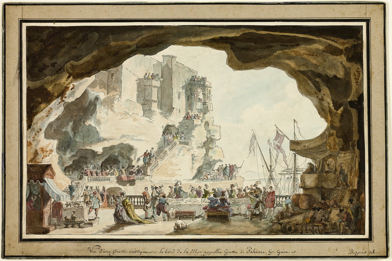 Vue de la Grotta di Palazzo avec banquet - Louis Jean Desprez
