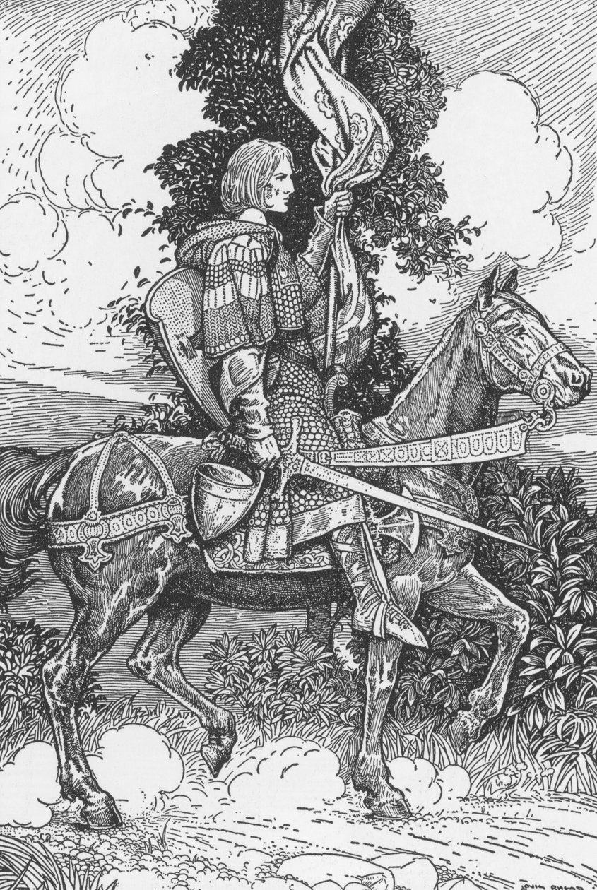 Sir Tristam chevauchant vers le château de Tintagel Illustration par Louis Rhead (1858-1926) de « Le roi Arthur et ses chevaliers » 1923 Collection privée - Louis John Rhead