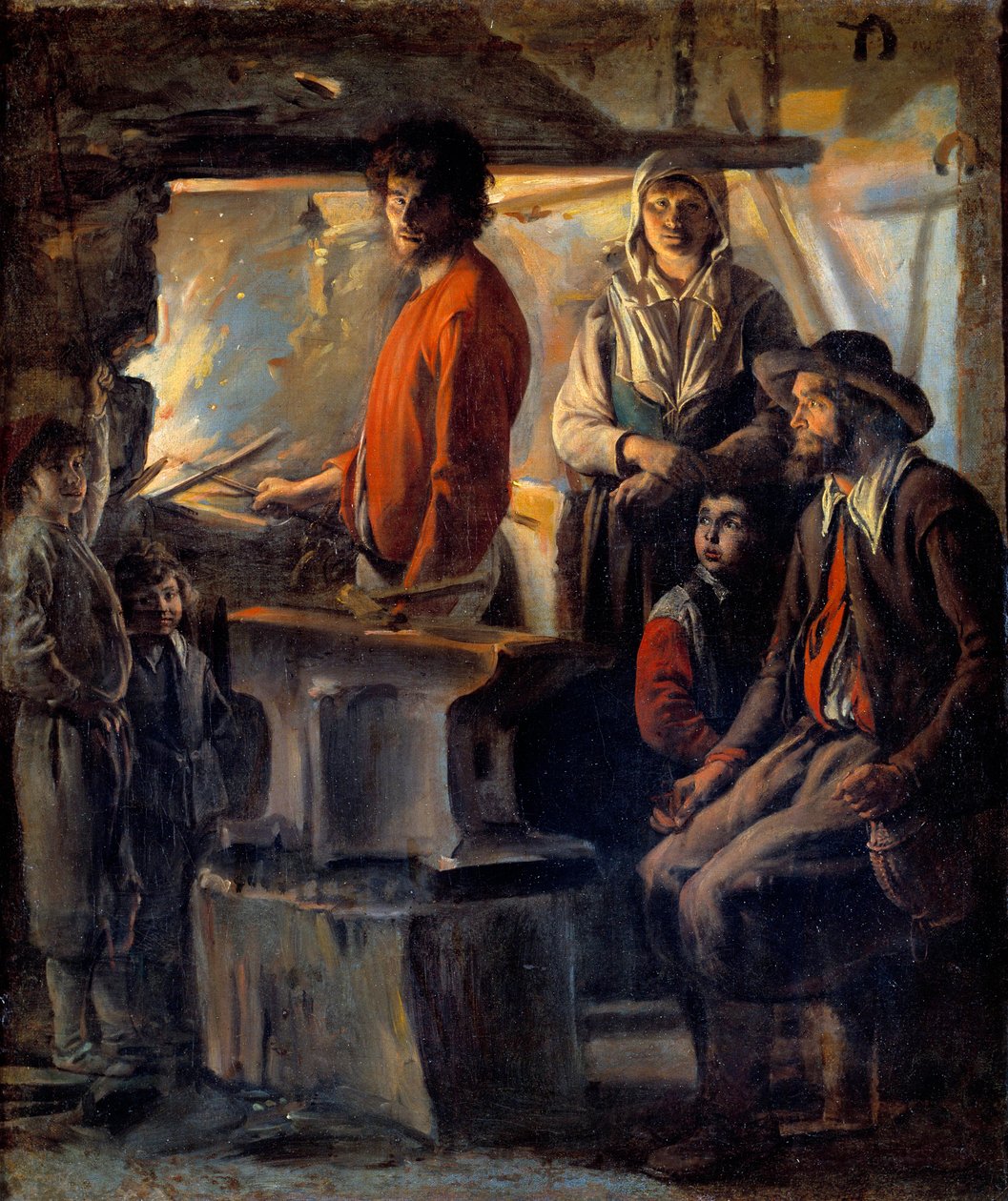 Le maréchal dans sa forge. Le maréchal-ferrant et sa famille, à côté de lui une enclume - Louis le Nain