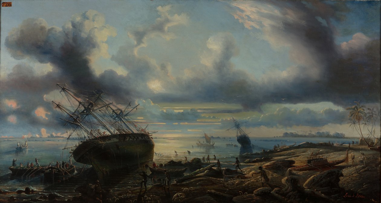 The Stranding of Corvettes in the Mauvais Canal, Strait of Torres (L’échouage des corvettes dans le canal Mauvais, détroit de Torrès) 1843 (oil on canvas) - Louis Lebreton