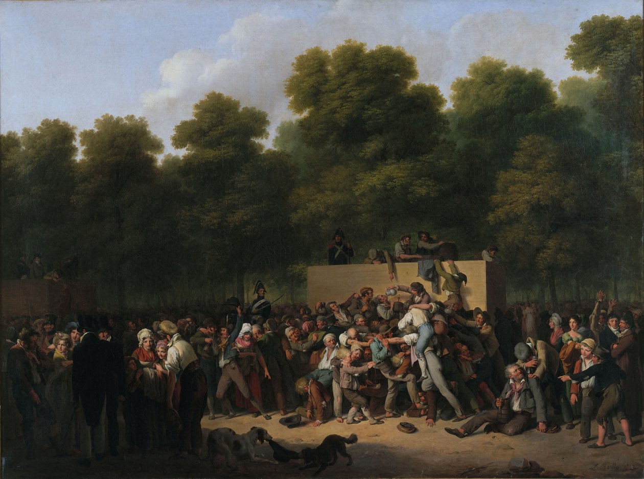 Distribution de vin et de nourriture sur les Champs-Élysées à l
