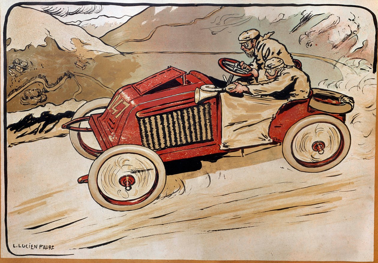Automobile : une voiture de course. Marcel Renault (1872-1903) et René Vauthier traversant les Alpes lors de la course PARIS-VIENNE en 1902 dans la voiture 147. Lithographie de Louis Lucien Faure Dujarric (1872-?), 20e siècle. Conservatoire national des Ar - Louis Lucien Faure-Dujarric