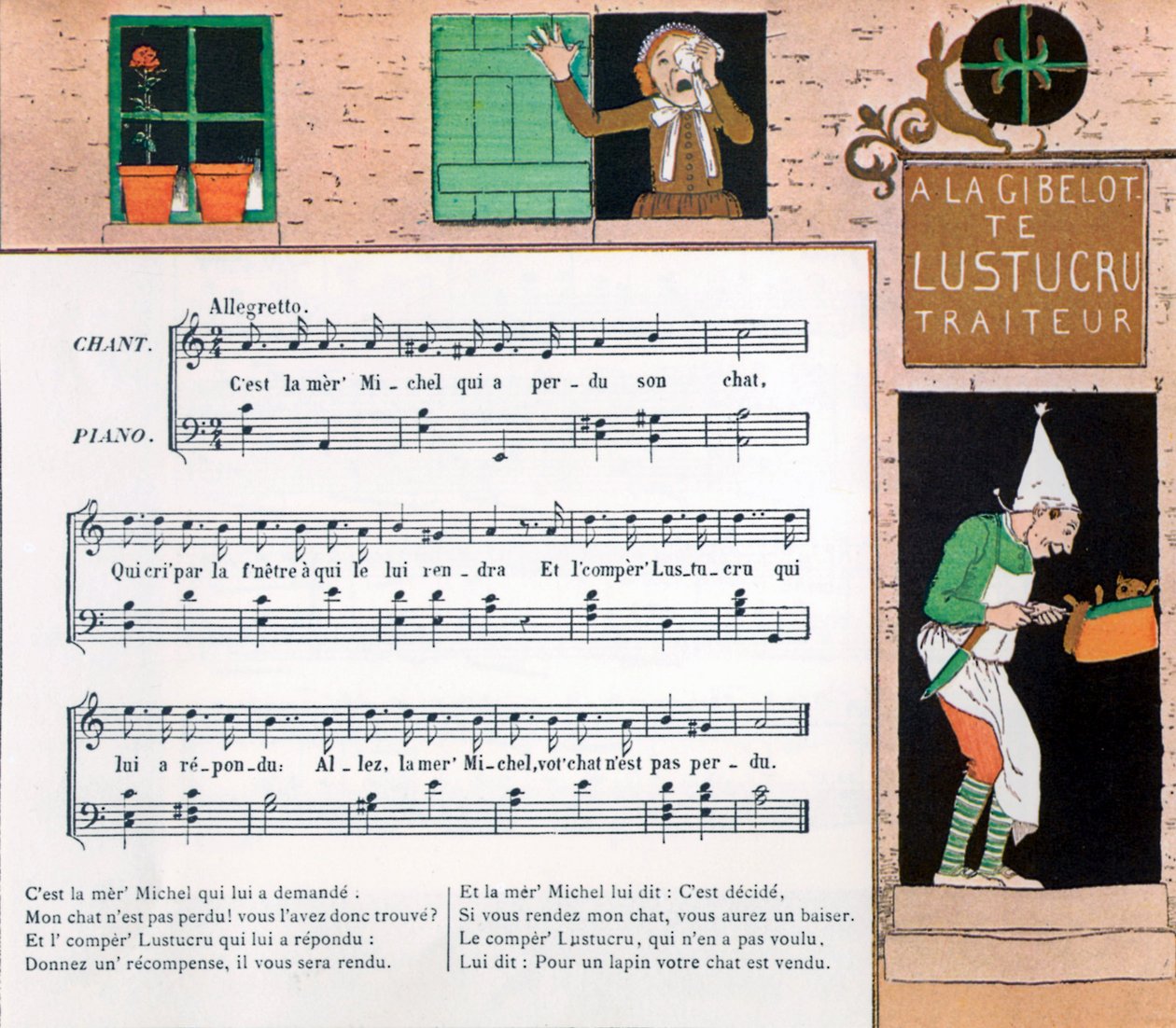 Partition et illustration de la chanson enfantine La mère Michel - Louis Maurice Boutet de Monvel