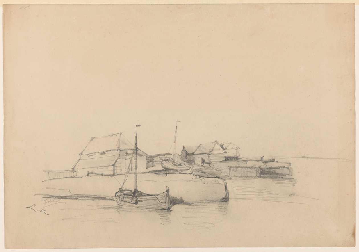 Maisons et deux bateaux près de la côte - Louis Meijer