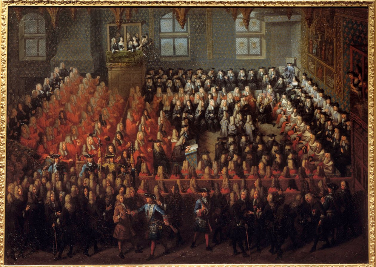 Lit de justice tenu par Louis XV (1710-1774) dans la Grande Chambre du Parlement de Paris pour casser le testament de Louis XIV (1638-1715) - Louis Michel Dumesnil