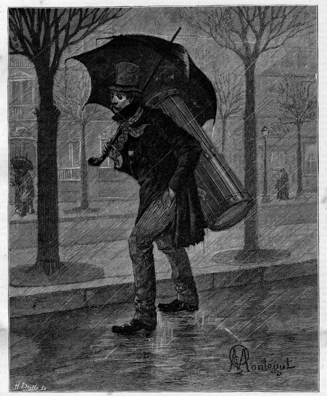 Mauvaise récolte ! Pauvre cigale mouillée ! ... Joueur de tambour en misère marchant sous la pluie dans les rues de Paris. Dans "Trente ans de Paris" recueil autobiographique d