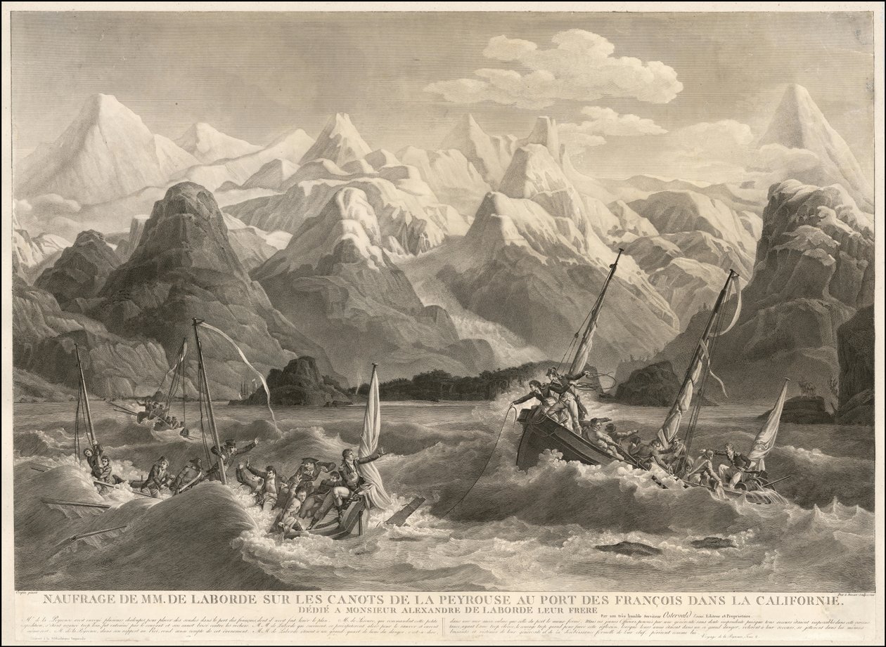 Gravure de 1786 représentant le naufrage de deux petites embarcations de l