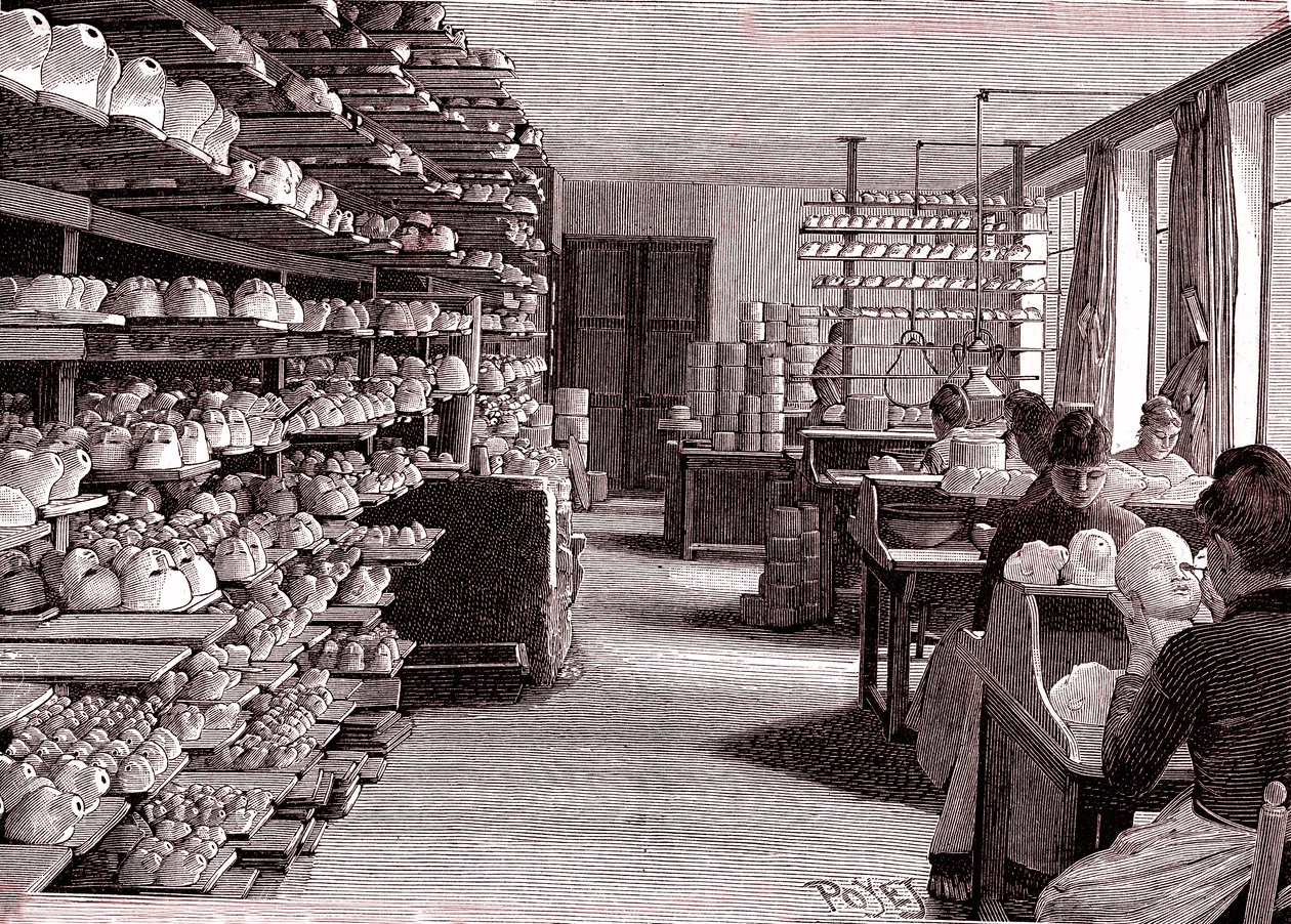 Usine de poupées, séchage des têtes de poupées en porcelaine avant cuisson, de "La Nature" - Louis Poyet