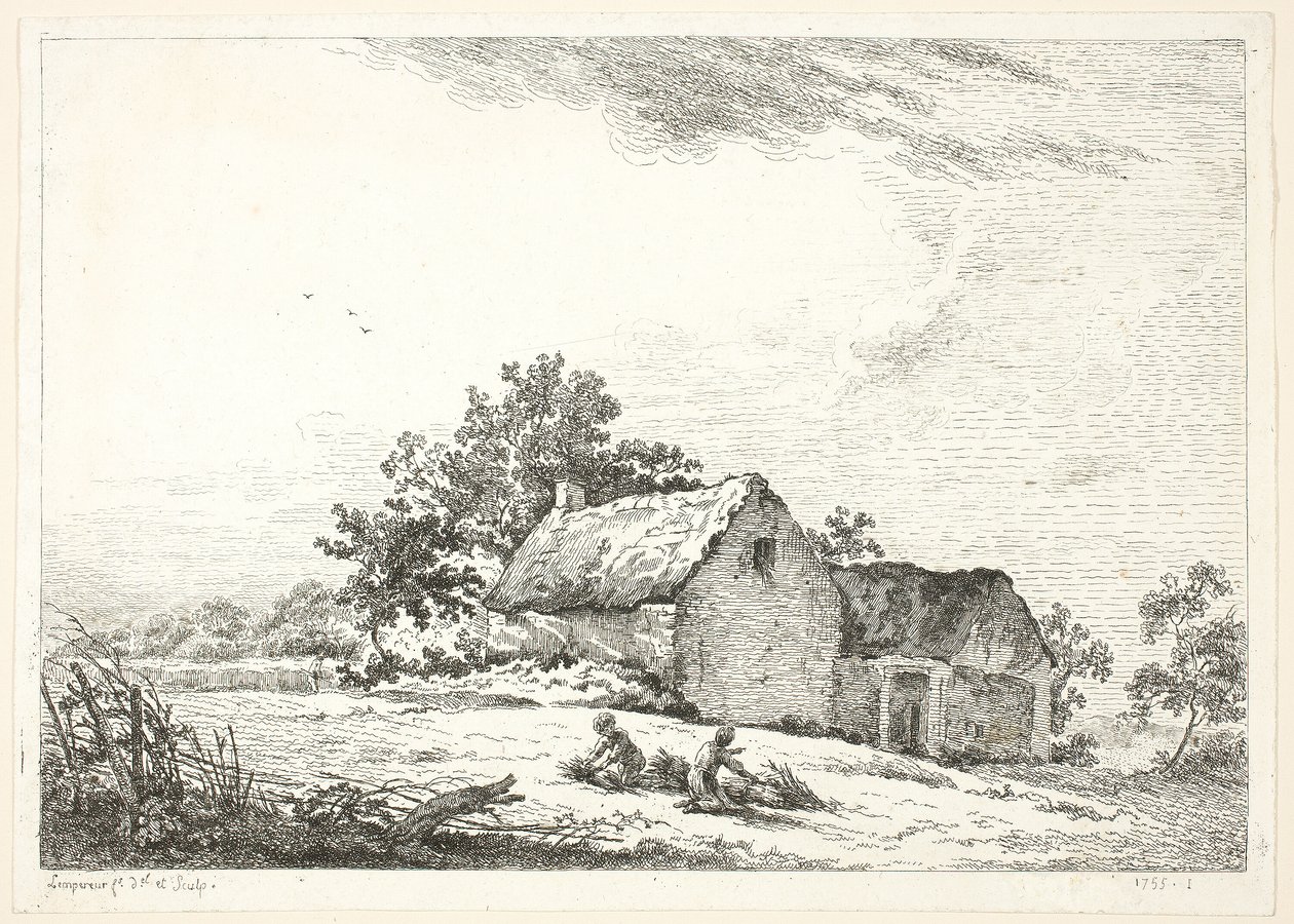 Scène de ferme avec des garçons ramassant du bois - Louis Simon Lempereur