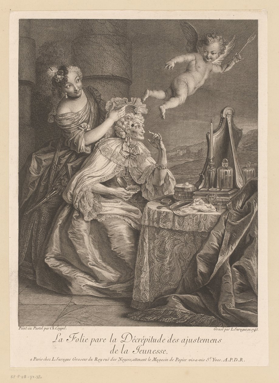 Dame de cour aidant une vieille dame à camoufler les signes de vieillesse - Louis Surugue