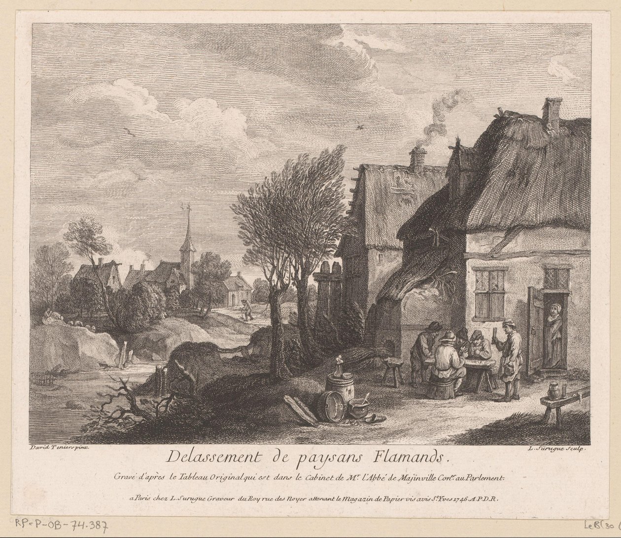 Paysage de village flamand avec des paysans jouant aux cartes - Louis Surugue