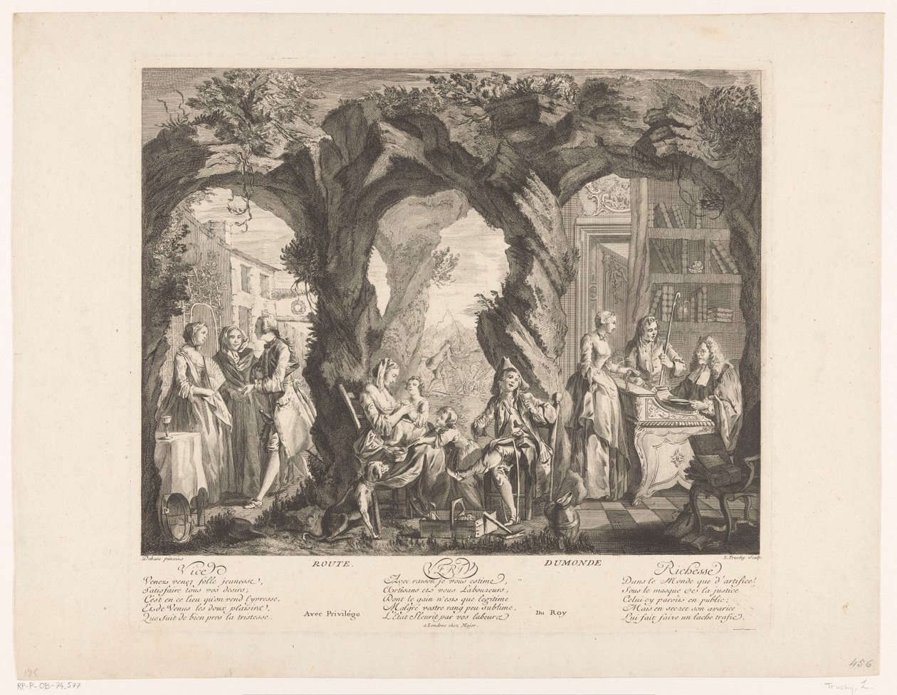 Paysage avec trois scènes où une jeune femme achète, porte et vend un médaillon - Louis Truchy