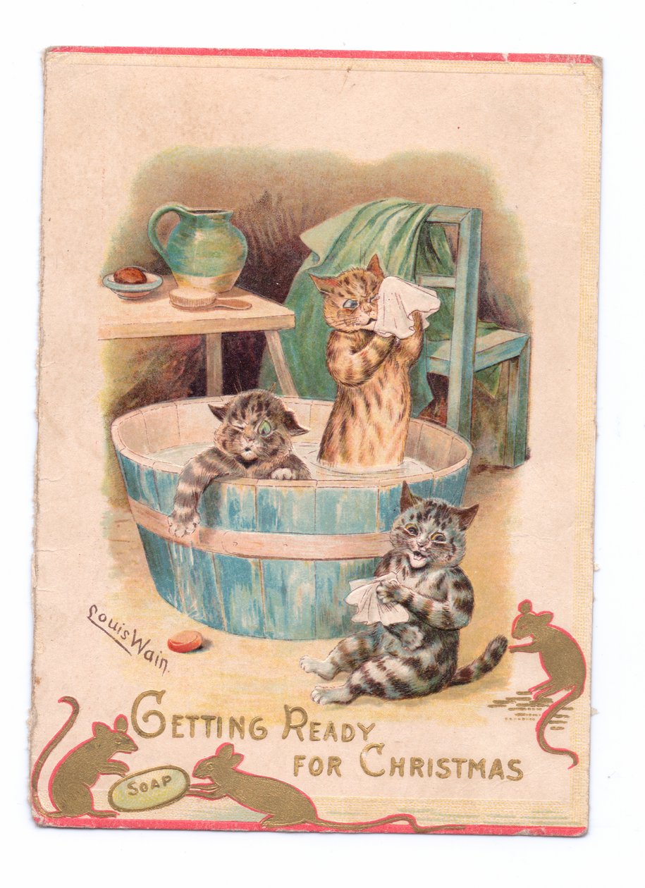 Carte de Noël victorienne de deux chats dans une baignoire tandis que deux souris jouent avec un savon, c.1880 - Louis Wain