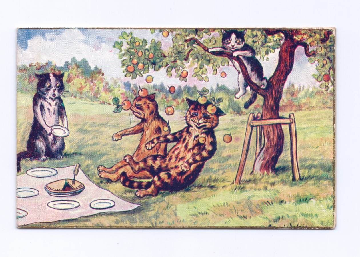 Carte de vœux victorienne de pommes tombant sur deux chats lors d