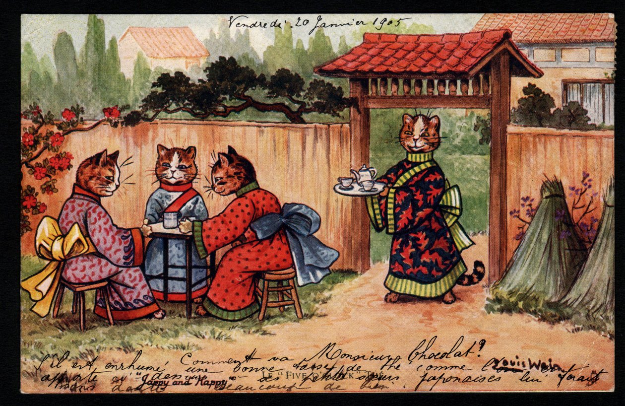 Animaux en posture humaine. Chat en kimono buvant du thé dans un jardin japonais. Carte postale. Chromolithographie de Louis Wain (1860-1939), artiste anglais connu pour sa représentation de chats aux grands yeux. Début du 20ème siècle. Collection privée - Louis Wain