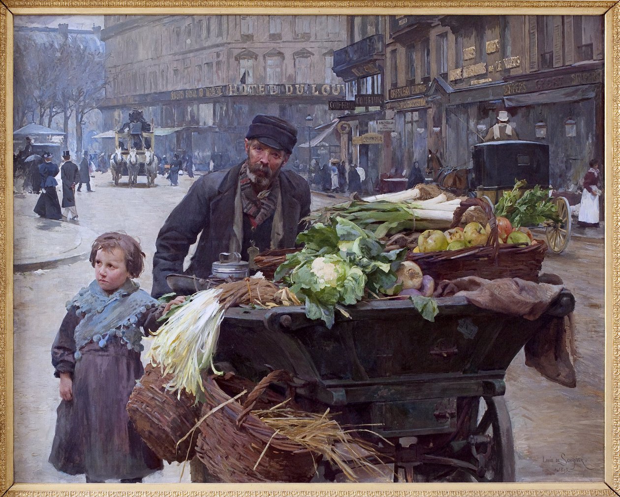 Le marchand des quatre saisons à Paris. Derrière lui, l