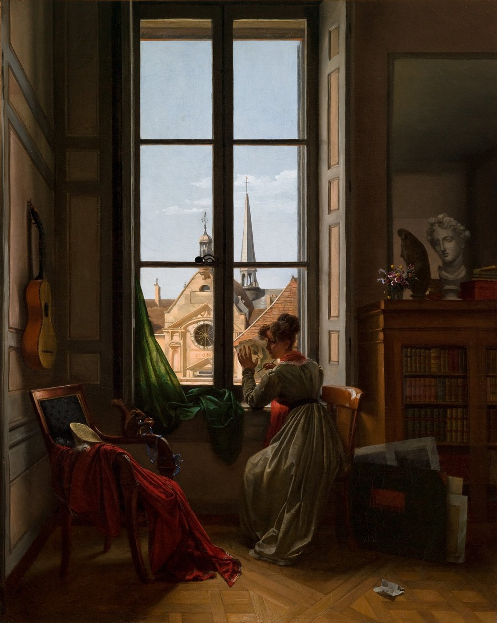 Intérieur avec jeune femme traçant une fleur, vers 1820-22 (huile sur toile) - Louise Adeone Droelling