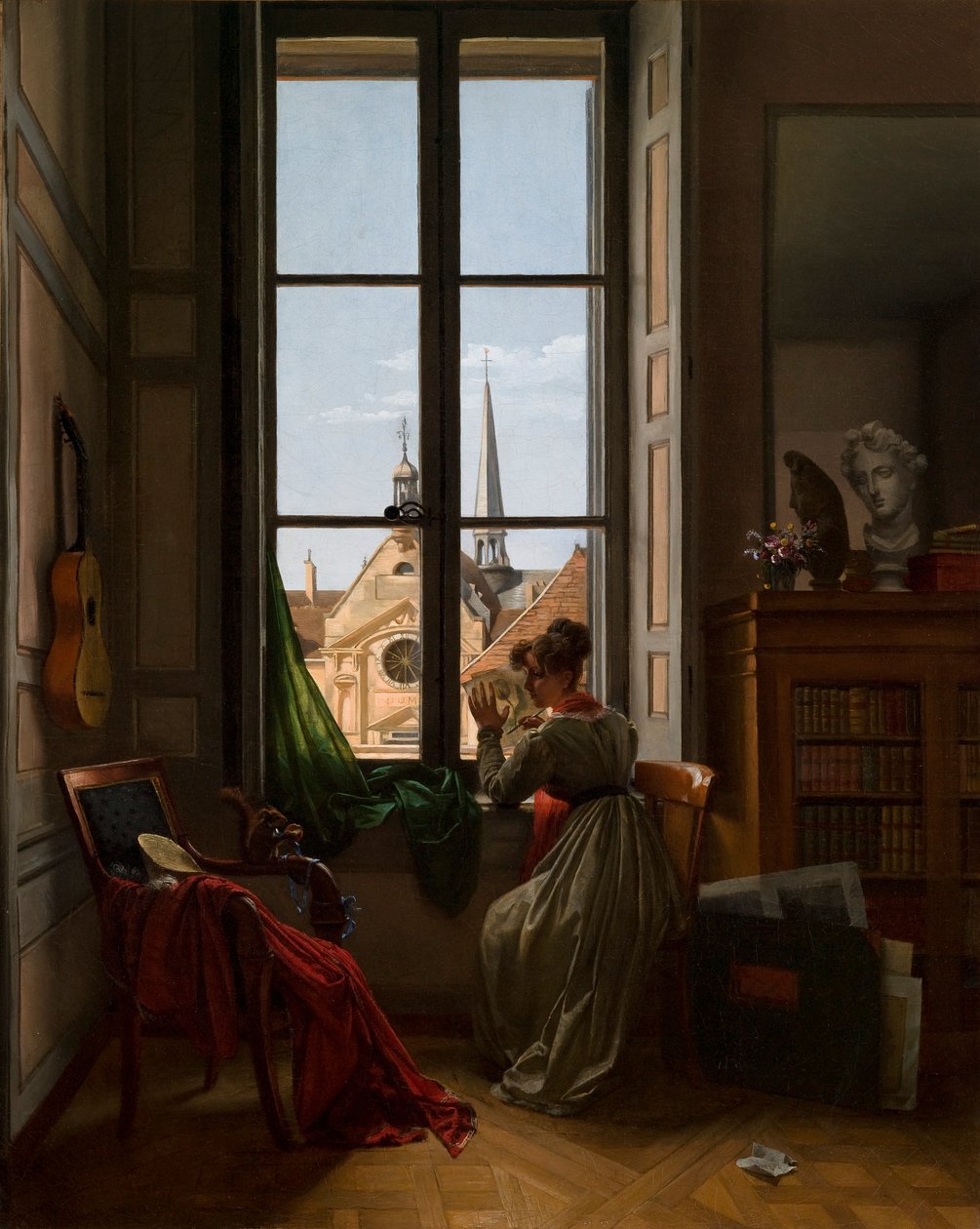 Intérieur avec une jeune femme traçant une fleur - Louise Adeone Drolling